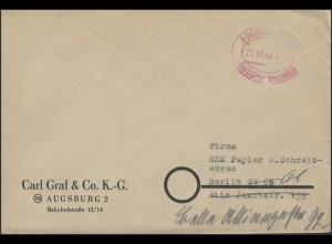 Gebühr-Bezahlt-Stempel Brief Augsburg 21.11.45 nach Berlin