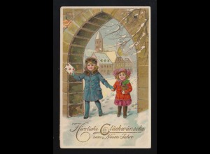 Kinder bringen Neujahrsgrüße Glücksklee Schnee Stadtansicht, Leer 31.12.1913