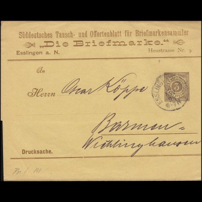 Württemberg PS 2 Streifband Die Briefmarke ESSLINGEN-BAHNHOF 14.11.1894