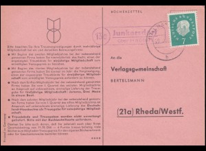 Landpost Junkersdorf über HASSFURT 29.10.1960 auf Postkarte nach Rheda/Westf.