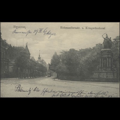 Ansichtskarte Hannover: Hohenzollernstraße und Kriegerdenkmal, beschriftet