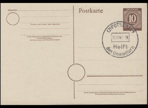 SSt Potsdam - Helft den Umsiedlern 11.11.47 auf Postkarte P 952 ohne Anschrift