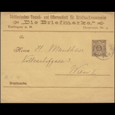 Württemberg PS 2 Streifband Die Briefmarke ESSLINGEN-BAHNHOF 27.11.1894