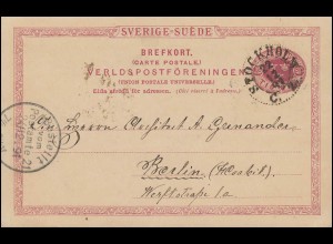 Postkarte P 20 SVERIGE-SUEDE 10 Öre, STOCKHOLM 22.12.1891 nach BERLIN 24.12.91