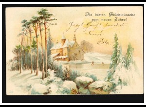Ansichtskarte Neujahr Winterlandschaft mit Schlittschuhläufern STEGLITZ 6.1.1901