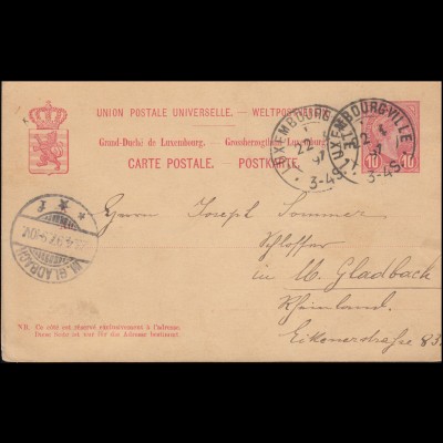 Luxemburg Postkarte P 54 LUXEMBURG-VILLE 22.4.1897 nach MÖNCHENGLADBACH 23.4.