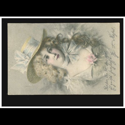 AK Frauen: Frau mit Hut und Blüten, große Schleife am Hals, Ratibor 30.05.1901