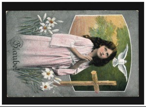 AK Frauen: Frau betend, mit Kreuz, weiße Taube, Blumen,Glaube!, ungebraucht