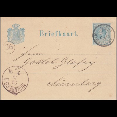 Niederlande Postkarte P 9 Wilhelm ROTTERDAM 23.10.1880 n. NÜRNBERG 24.10./Nr. 36