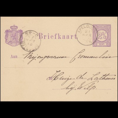 Niederlande Postkarte P 8I Ziffer aus APELDOORN 21.4.1879 nach DEVRENTER 21.4.
