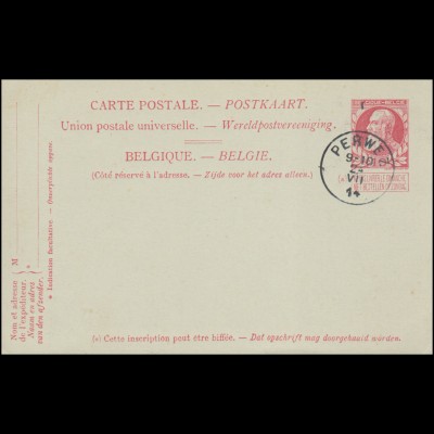 Belgien Postkarte P 42 Leopold mit Gefälligkeitsstempel PERWEZ 24.7.1914