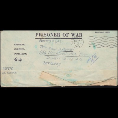 Kriegsgefangenenpost U.S. CENSOR 10570 NEW YORK 19.2.1945 nach Marktredwitz