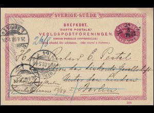 Postkarte P 25 SVERIGE-SUEDE mit DV 108, KARLSTAD 24.8.1908 nach Deutschland