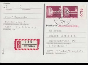 1135 IuT 130 Pf senkrechtes OR-Paar MeF R-Postkarte NABBURG 10.2.85 nach Pfreimd