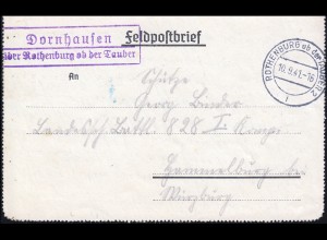 Landpost Dornhausen über ROTHENBURG ob der Tauber 10.9.41 auf Feldpostbrief