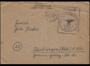Feldpost Briefstempel Flugzeugführerschule 23 CHRUDIM 24.2.44 nach Leichlingen