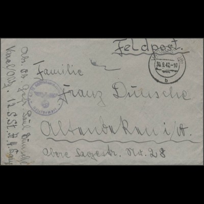 Feldpost Varel/Oldenburg 30.9.42 kleiner violetter Briefstempel 
