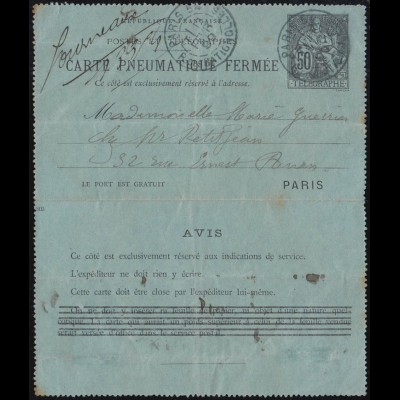 Frankreich Rohrpost-Kartenbrief RK 15I dicke Striche, PARIS 1899, gefaltet