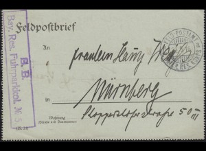 Feldpostbrief BS Bayer. Res. Fuhrparkkolonne Nr. 5 vom 22.5.1916 nach Nürnberg 