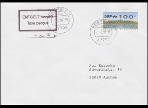 2.2.1. Nagler KOBALTBLAU 100 mit Entgelt-bezahlt-Stempel Brief KREFELD 1.9.1997