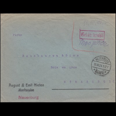 Infla-Notausgabe Gebühr-bezahlt-Stempel auf Auslandsbrief NEUENBURG 20.10.1923 