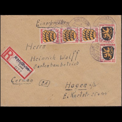 6+8 Freimarken Wappen 12+20 Pf MiF auf R-Brief Not-R-Zettel HÜLSTHUM 27.5.1946