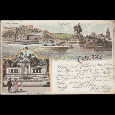 Ansichtskarte Gruss aus Coblenz mit 2 Ansichten, 30.8.1897 nach BREYELL 31.8.97