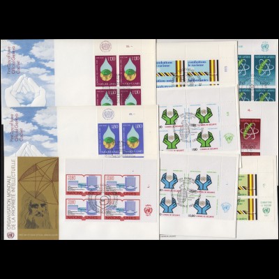 UNO Genf 63-71 Jahrgang 1977, ER-Viererblöcke OBEN mit TAB, 9 Schmuck-FDC GENF
