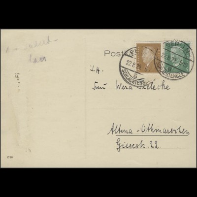 Ebert 3 Pf und Hindenburg 5 Pf MiF Postkarte Berlin-Schlachtensee 22.8.1929