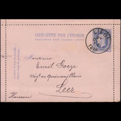 Belgien Kartenbrief K 2 König Leopold II von LIEGE / LÜTTICH 21.4.1885 nach Leer