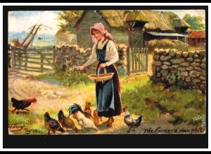 Künstler-AK Die Tochter des Farmers - Bei der Hühnerfütterung, MÜNCHEN 19.2.1907