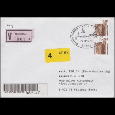 1348 SWK Hambacher Schloss, MeF Wert-Brief nach Schweden SSt Köln 24.10.1996