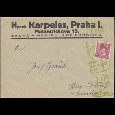 Werbestempel Alte Kunst der Slovakei PRAHA / PRAG 12.6.1937 auf Brief mit 350