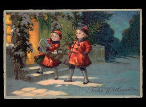 AK Weihnachten: Zwei Mädchen mit Geschenken und Weihnachtsbaum, BOTTROP 21.12.29
