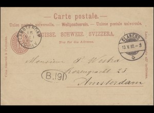 Schweiz Postkarte P 19 Ziffer von CLARENS 13.5.1890 n. AMSTERDAM 15.5.90 / B.191