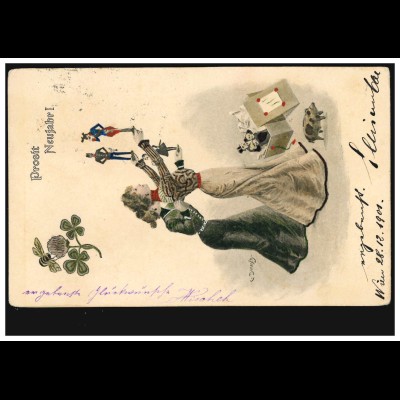Ansichtskarte Neujahr Frauen mit Geschenken Spielsoldaten, nach KOMAROM 1901