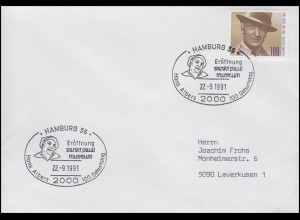 1561 Hans Albers, EF Brief SSt Hamburg Eröffnung sank pauli museum 22.9.1991