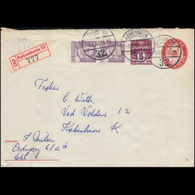 Dänemark Umschlag U 59 Kz. 74 mit Zusatzfrankatur R-Brief KOPENHAVN 32 - 6.10.53