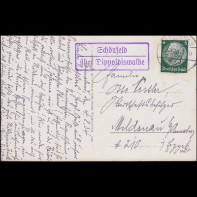 Landpost-Stempel Schönfeld über DIPPOLDISWALD LAND 4.8.1934 auf passender AK 