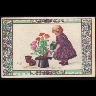 Humor-AK Patek: Umpflanzung - Rosen im Hut werden begossen, gelaufen 1920