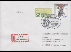 1638 Tag der Briefmarke, MiF mit ATM, R-FDC ESSt Wuppertal Ballonpost 15.10.92