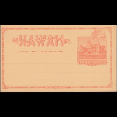 USA Hawaii Postkarte Der Iolani Palast 1 Cent rot, um 1882, ungebraucht **