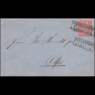 Norddeutscher Bund 4 Ziffer 1 Groschen Brief FINNENTROP 25.3.1869 nach Olpe