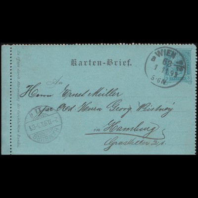 Österreich Kartenbrief 15 aus WIEN 62 1.11.1893 nach HAMBURG 11a 2.11.93