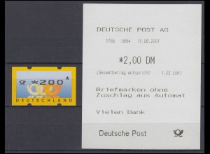 3.3. Posthörner Sielaff: Tiefstehender Werteindruck 200 Pf mit AQ 15.8.2001, **
