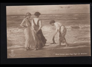 Künstler-Ansichtskarte Knud Larsen: Junge Mädchen am Strand, gelaufen 1917