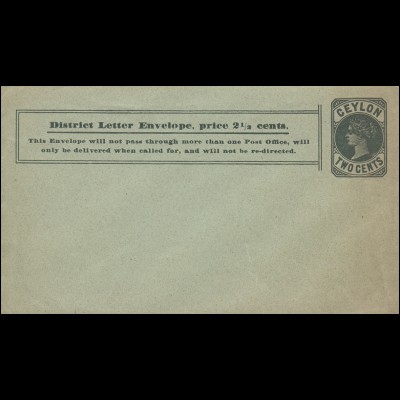Ceylon Ganzsachenumschlag 2 Cents District Letter Envelope, ungebraucht **