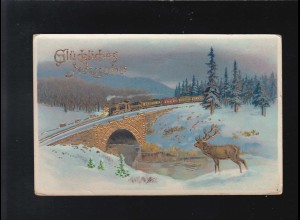 Neujahr Hirsch Winterlandschaft Zug Eisenbahn Gold Brücke, Mannheim 30.12.1941