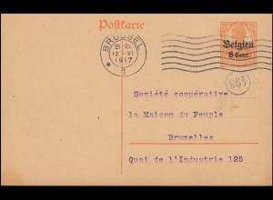 Zensur Belgien Postkarte P 10I als Orts-Postkarte BRÜSSEL 12.6.17 und Nummer 493