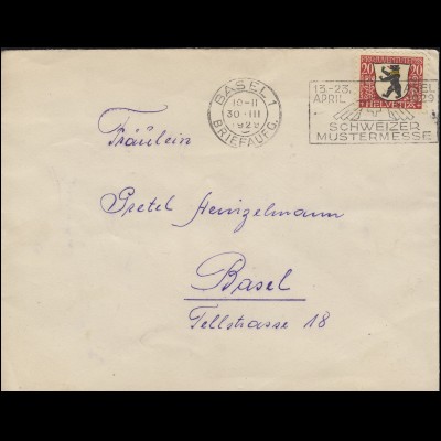Schweiz 231 Wappen St. Gallen EF Brief BASEL Schweizer Mustermesse 30.3.1929